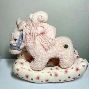 Baby Aurora Musical Rocking‎ Horse Plush W/ Bear Pink Floral Heart Wind Up VTG